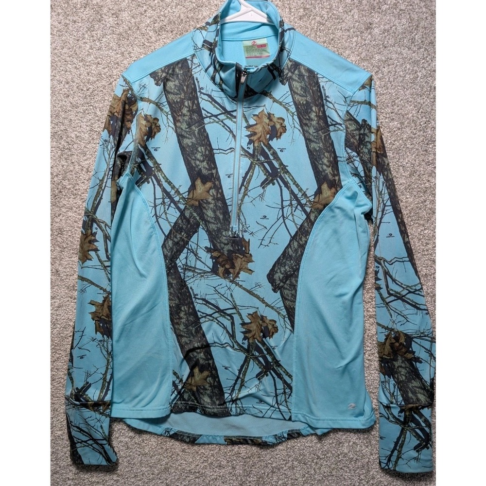 Womens L Blue Camo Energy Zone Pullover 1/4 zip long sleeve Shirt mossy oak Camo